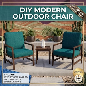 Peut inclure: Deux chaises d'extérieur en bois marron avec des coussins bleu sarcelle et une table d'appoint assortie. Le texte indique DIY MODERN OUTDOOR CHAIR, FULL BUILD PLANS & CUT LIST, INCLUDES: STEP-BY-STEP GUIDES, MATERIAL LISTS, 3D RENDERINGS, TOP-RATED DIGITAL ITEM, DIY GUIDE.
