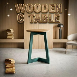 Könnte beinhalten: Ein hölzerner C-Tisch mit einer runden, hellbraunen Tischplatte und teal-farbenen Beinen. Der Text "WOODEN C TABLE" wird über dem Tisch angezeigt. Der Tisch befindet sich in einem Raum mit einer neutralen Farbpalette.