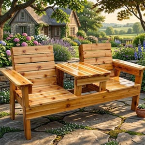 Può includere: Panca da giardino in legno chiaro con tavolino integrato. La panca ha schienale e seduta a doghe. È situata in un giardino con un sentiero in pietra e una casa sullo sfondo.