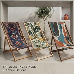 May include: Three wooden deck chairs with different fabric patterns. The left chair features a blue rug-inspired geometric design. The middle chair displays a green and yellow leaf print. The right chair shows an abstract teal and orange shape pattern.