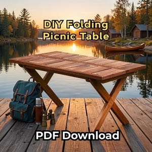 Puede incluir: Una mesa de picnic plegable de madera con diseño DIY y estructura en X. La mesa está sobre un muelle de madera cerca de un lago, con una mochila, un termo y unos prismáticos. El texto en la imagen dice "DIY Folding Picnic Table" y "PDF Download".