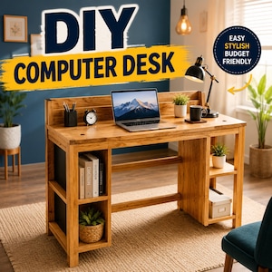 May include: A wooden computer desk with a laptop, a black desk lamp, a clock, and books. The desk features open shelving on both sides, a raised back panel, and text that reads DIY COMPUTER DESK and EASY STYLISH BUDGET FRIENDLY.