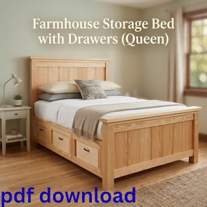 May include: A light-colored wooden farmhouse storage bed with drawers. The bed has a headboard, footboard, and three drawers. The bed is made of wood and has a natural finish. The bed is made for a queen-sized mattress. The text on the image says "Farmhouse Storage Bed with Drawers (Queen)".