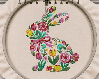 Floral Rabbit Embroidery Design, Easter Bunny Flower Embroidery, Spring ...