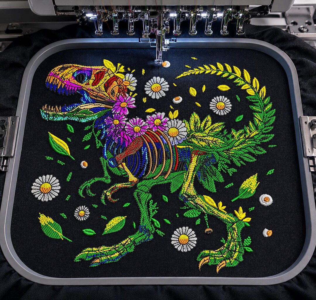 Floral T Rex Embroidery Design Colorful Dinosaur Skeleton With Flowers ...