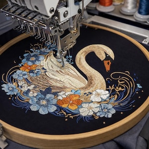 Elegant Swan Embroidery Design with Floral Bouquet, Vintage Nature Bird Art, Machine Embroidery File for Jackets Shirts Hoops Home Decor