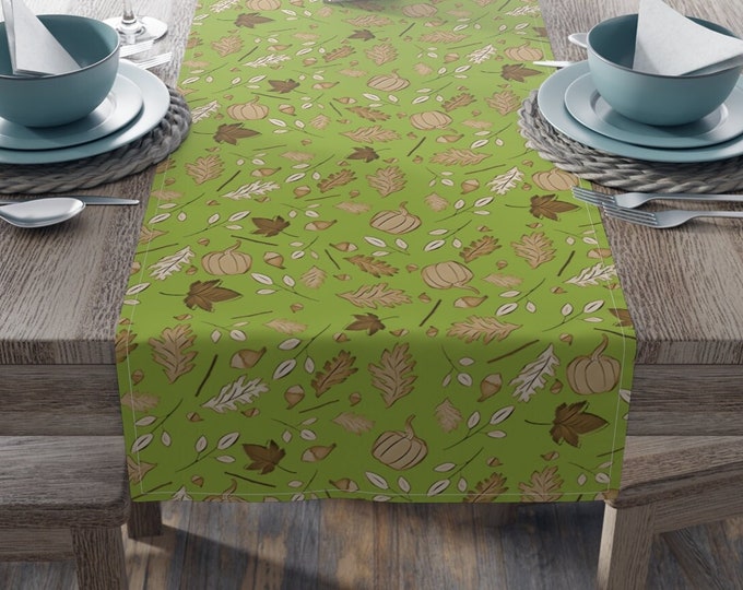 Thanksgiving Table Runner in Mossy Green, Fall Table Linen with Pumpkins Acorns and Leaves