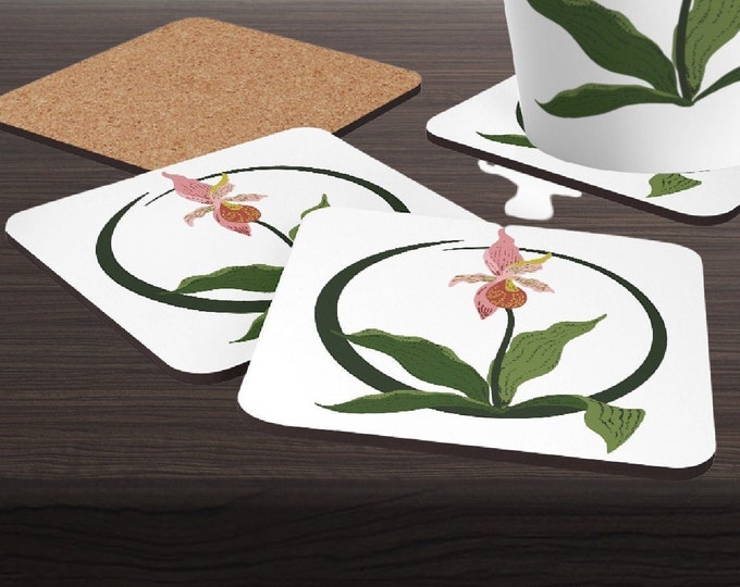 Lady's Slipper Orchid Corkwood Coaster Set, Set of 4 Coasters with Pink Orchid