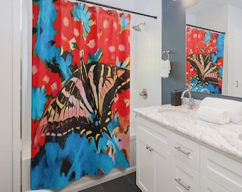 Butterfly Shower Curtain, Colorful Nature Photo Shower Curtain, Flowers and Butterfly Bathroom Decor, Nature Lover Home