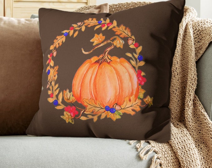 Pumpkin Pillow Cover, Fall Pillow Cover, Watercolor Fall Wreath Pillow Slip Cover 14x14 16x16 18x18 20x20