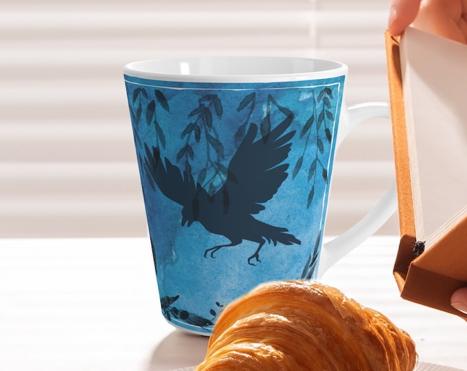 Crow or Raven Latte Mug in Midnight Blue, Bird Coffee Cup, 11 Ounce Blue Mug for Birder