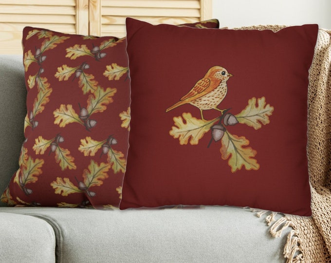 Reversible Fall Pillow Cover with Oak Leaves, Acorns and Cute Bird, Throw Pillow Case in Autumn Colors, Pillow Slipcover in 4 Sizes