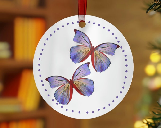 Double Butterfly Remembrance Ornament in Glossy White Metal