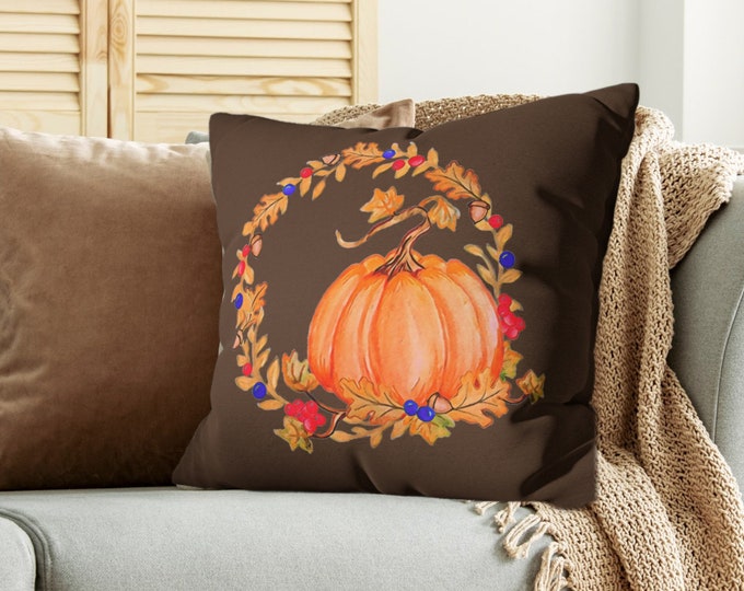Pumpkin Pillow Cover, Fall Pillow Cover, Watercolor Fall Wreath Pillow Cover 14x14 16x16 18x18 20x20