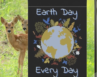Garden Flag, Earth Day Every Day Banner with Mother Earth and Animals, Outdoor Yard Art, Eco-Friendly Sign
