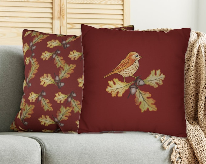 Reversible Fall Pillow Cover with Oak Leaves, Acorns and Cute Bird, Throw Pillow Case in Autumn Colors, Pillow Cover in 4 Sizes