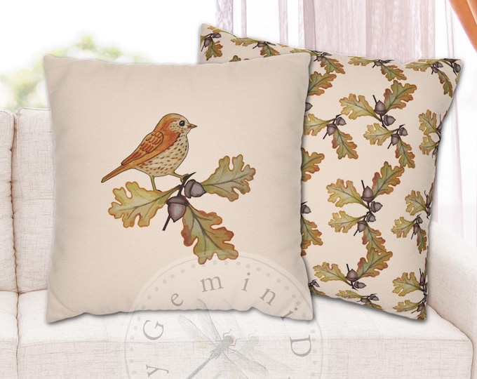 Reversible Pillowcase, Cute Bird and Autumn Oak Leaves Square Pillow Cover, Ivory and Oak Leaves Print, 4 Sizes, Home Decor, Fall Decor
