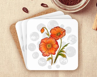 Poppy Floral Coaster Set: Watercolor Style, Corkwood, Set of 4