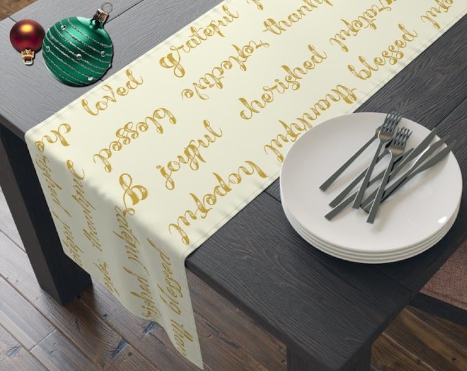 Affirmations Table Runner for Modern Holiday Table in Ivory and Gold