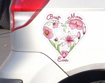 Best Mom Ever Transparent Outdoor Sticker with Pink Floral Heart, Mother's Day Sticker