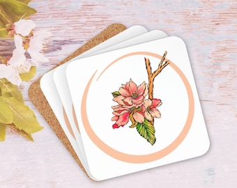 Cherry Blossom Corkwood Coaster Set: Sakura Floral Decor