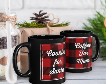 Funny Christmas Mug for Mom 11oz Black Mug with Buffalo Plaid, Cookies for Santa Coffee for Mom Cup
