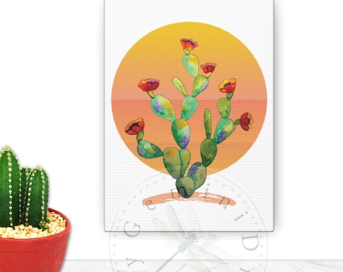 Cactus Wall Art on Canvas, Modern Watercolor Prickly Pear Wall Decor