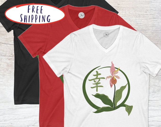 Happiness Kanji and Orchid V-Neck Tee, Unisex Asian Print T-shirt
