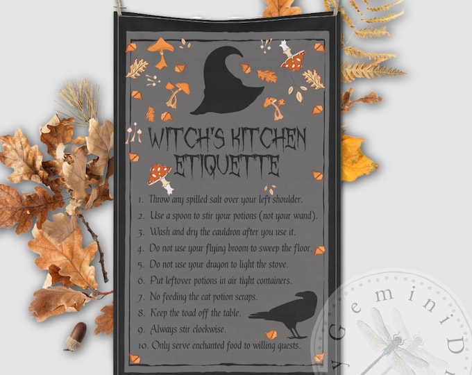 Witch's Etiquette Cotton Kitchen Towel: Funny Fall Decor