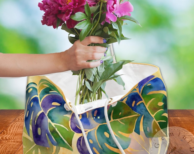 Large Tote Bag, Philodendron Watercolor Print, Blue and Green, Versatile, Stylish, Overnight Bag, Beach Bag, Travel Bag, Gym Bag