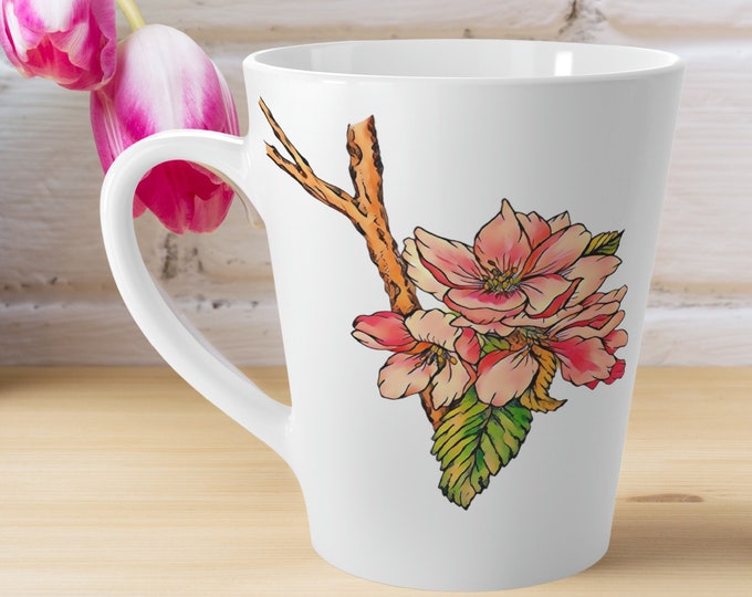 Pink Cherry Blossom Latte Mug, Cherry Blossom Kitchen Décor, Floral Latte Cup, Coffee Lover Gift