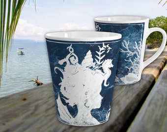 Mermaid Queen Latte Mug, Mermaid Coffee Cup, Blue and White Cup