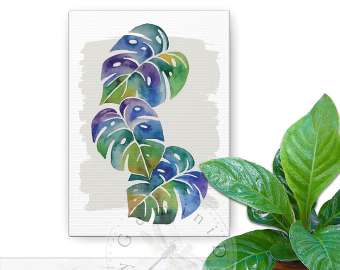 Philodendron Leaves Canvas Wrap Watercolor, Split Leaf Philodendron Wall Art, Monstera Leaves Canvas Print, Colorful Wall Hanging
