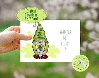 Printable St. Patrick's Day Card Cute Gnome, Instant Download 7 x 5 Inch Gnome Card Get Lucky St. Patrick's Day Card