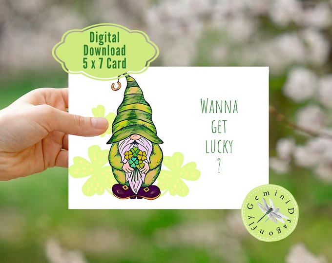 Printable St. Patrick's Day Card Cute Gnome, Instant Download 7 x 5 Inch Gnome Card Get Lucky St. Patrick's Day Card