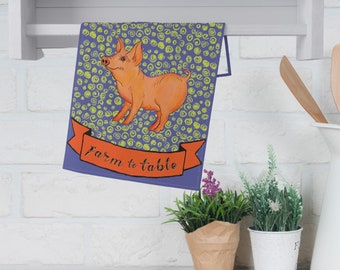 Pig Kitchen Towel, Farm To Table Cotton Dish Towel with Piglet, Farmhouse Dishtowel