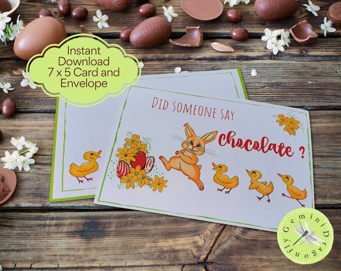 Printable Easter Bunny Card and Envelope Set | Instant Download Easter Card Set | Easter Card for Chocolate Lover