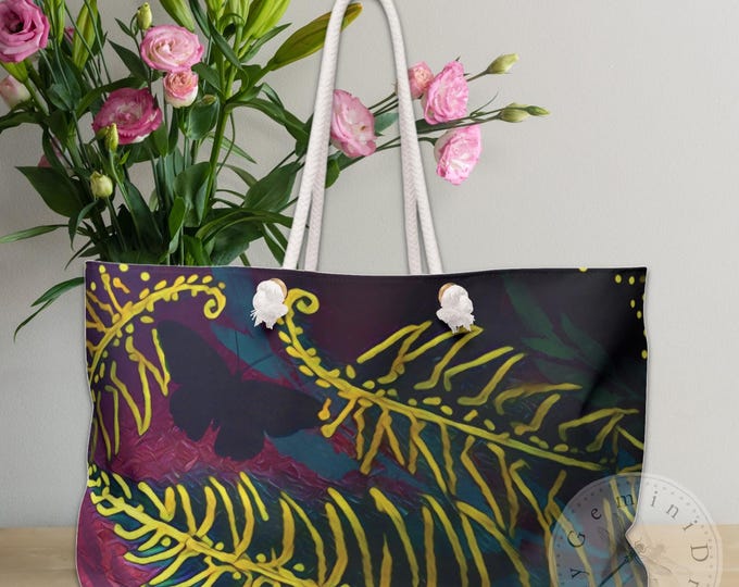 Fern Frond Tote Bag, Butterfly Weekender Bag, Large Boxed Bottom Travel Bag, Muted Blues Greens Violets Purples, Nature Lover Gift