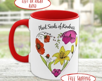 Bright Coffee Mug, Floral Heart Cup with Inspirational Words, 11oz Cup with Pretty Flowers for Gardener Gift