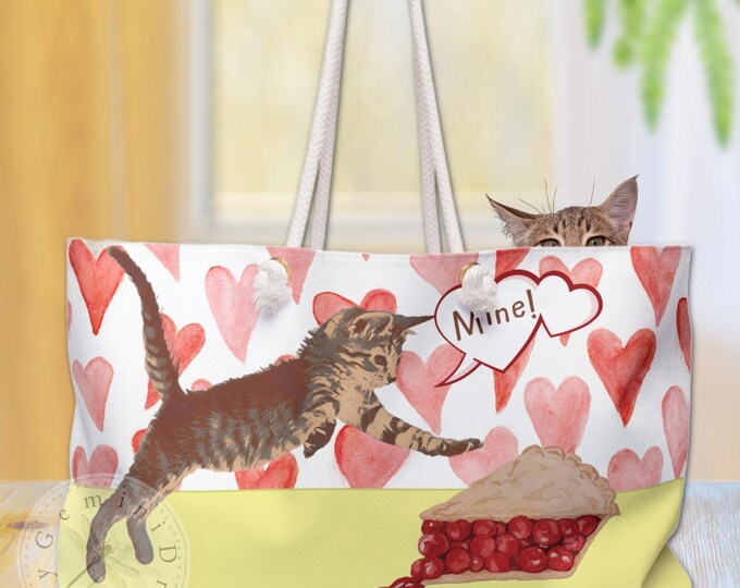 Large Tote Bag with Cat and Hearts Print, Yellow Pink Reusable Grocery, Whimsical Shopping Shoulder Handbag, Gift for Her