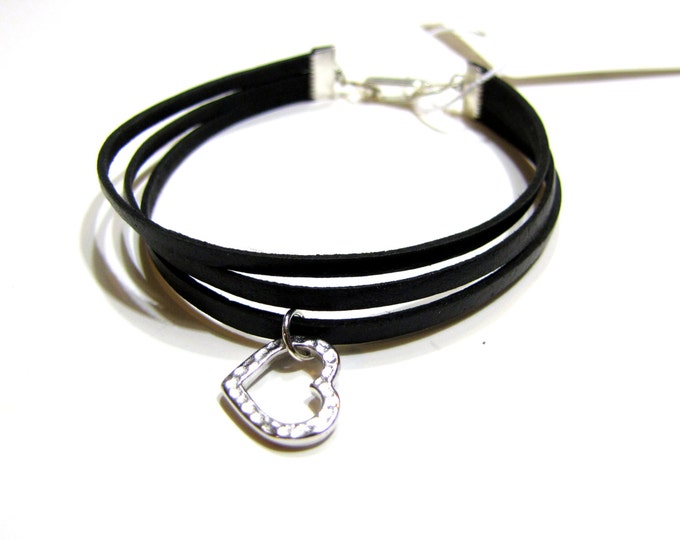 Black Leather Bracelet with Heart Charm and Stacking Layering Styling
