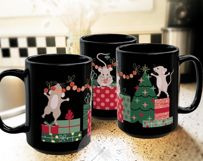 Christmas Mice Coffee Mug, Large 15oz Black Mug