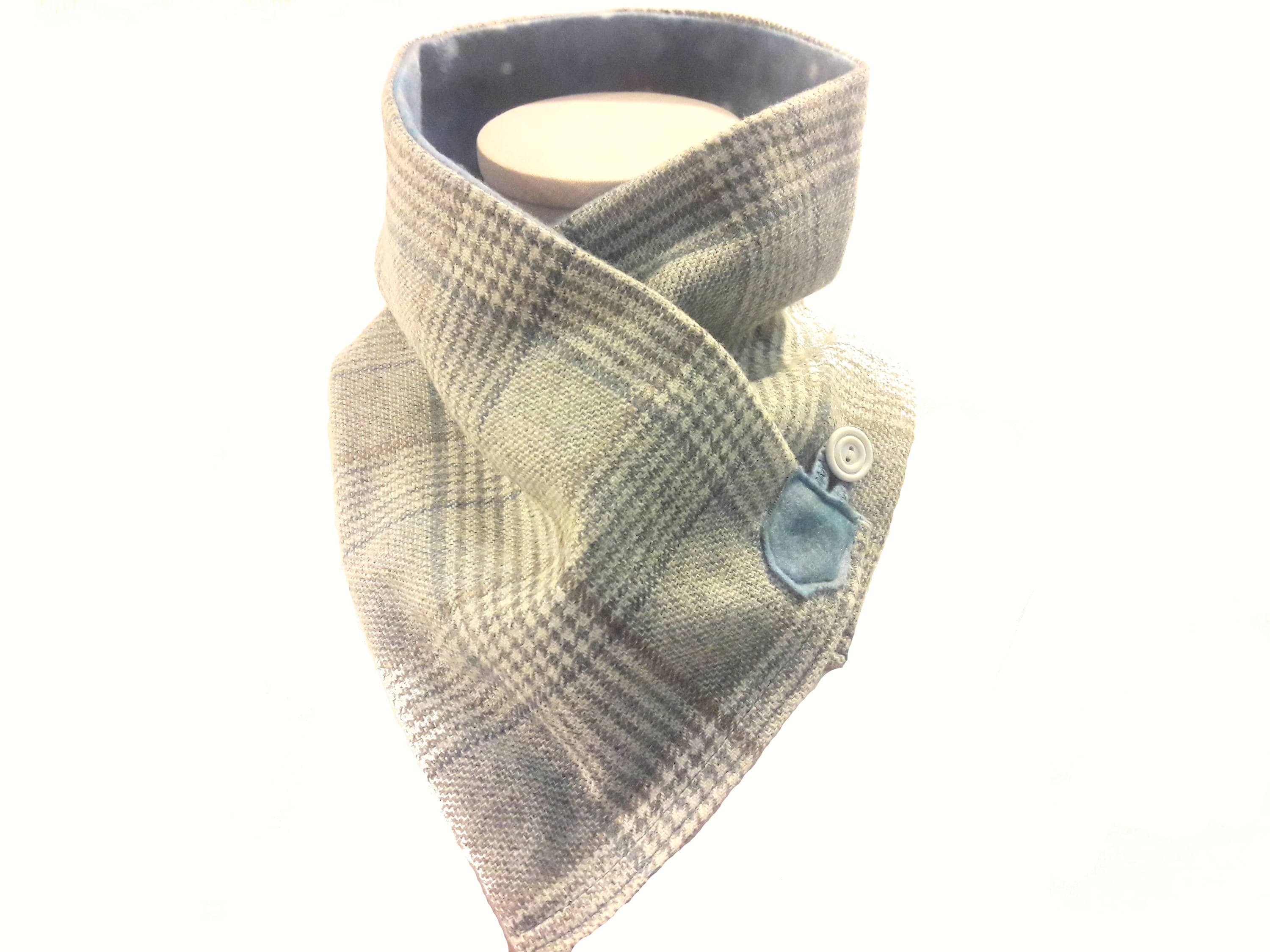 Gray Wool Plaid Neck Warmer with Soft Fleece Liner, Wool and Fleece Crossover Scarf, Upcycled