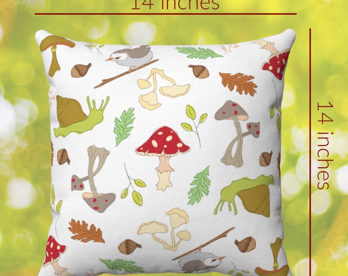 Mushrooms and Birds Square Pillow, 14 Inch Throw Pillow with Nature Print, Recycled Polyester Filled Pillow for Nature Lover