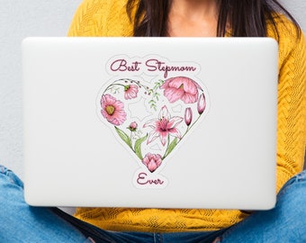 Best Stepmom Floral Heart Sticker, Mother's Day Gift for Stepmom, Transparent Outdoor Sticker