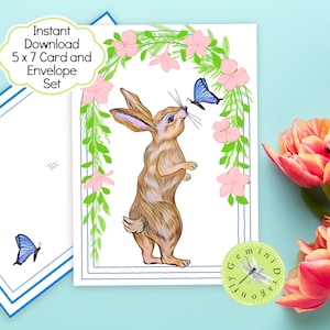 Juego de tarjetas y sobres imprimibles de descarga instantánea con conejito y mariposa / Juego de tarjetas de felicitación para toda ocasión
