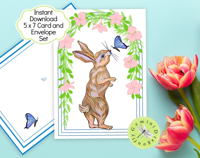 Printable Instant Download Card and Envelope Set with Bunny and Butterfly | All Occasion Greeting Card Set