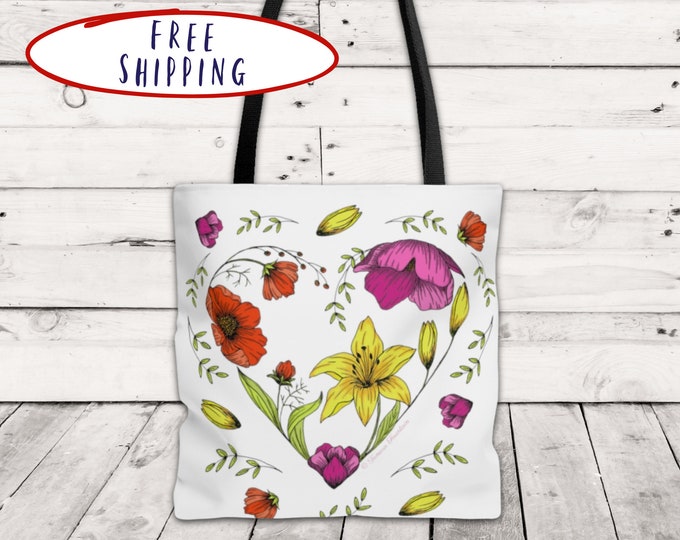 Flower Heart Tote Bag with Inspirational Quote