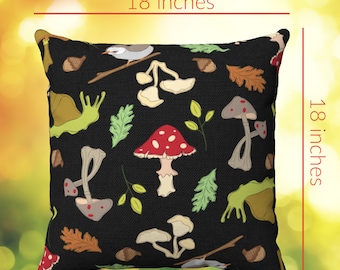 Large Accent Pillow with Red Mushroom on Black Faux Suede, Super Soft Throw Pillow with Mushrooms, Birds and Snails, Original Design Pillow
