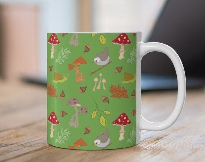 Nature Lover Ceramic Mug 11oz, Mushroom Lover Coffee Cup, Cute Woodland Coffee Mug in Green